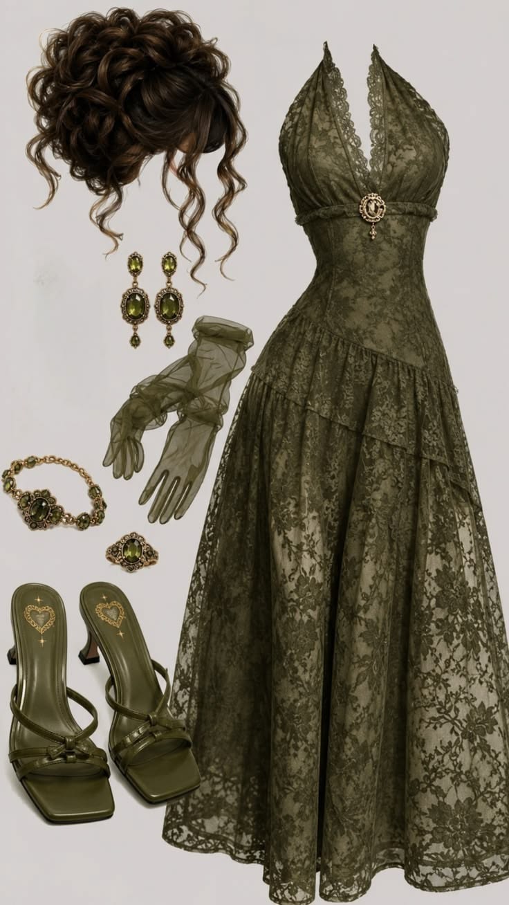 Vintage Olive Green A Line Halter Lace Prom Dress Evening Dress SH6921