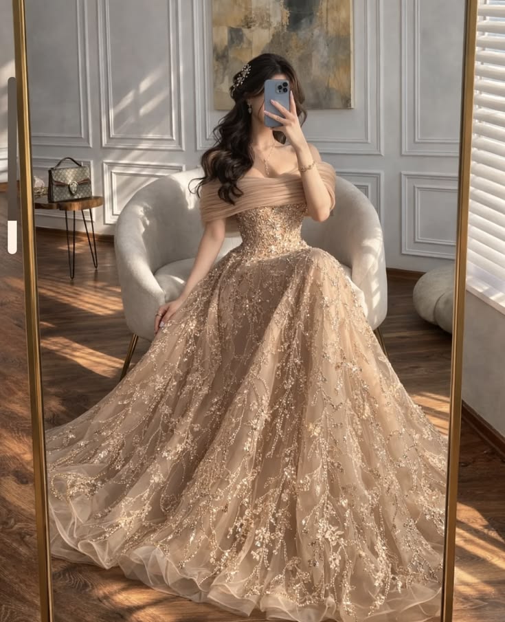 Princess A Line Off the Shoulder Beaded Moka Tulle Long Prom Dress Party Dress SH5540