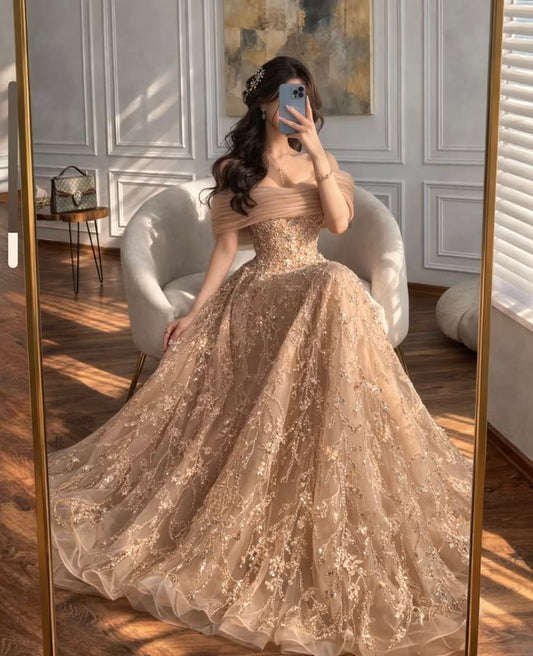 Princess A Line Off the Shoulder Beaded Moka Tulle Long Prom Dress Party Dress SH5540