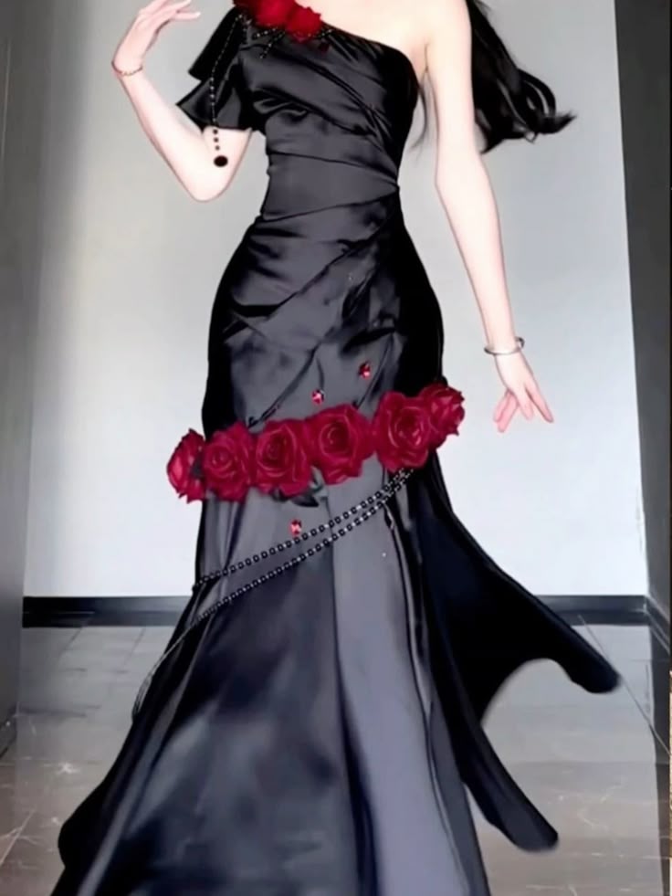 Burgundy Mermaid One Shoulder Beaded Rose Satin Long Prom Dress Party Dress SH5022