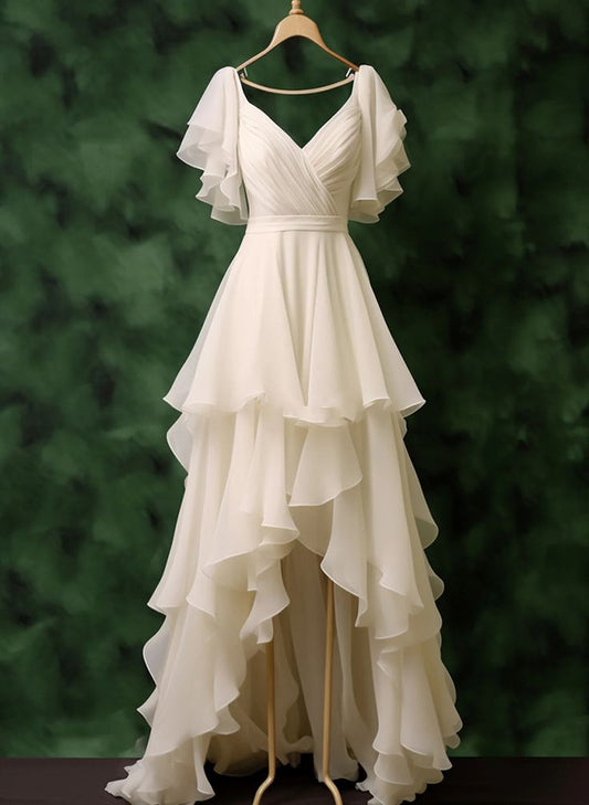 Classic A Line V Neck White Ruffle Chiffon Prom Dress Party Dress SH4356