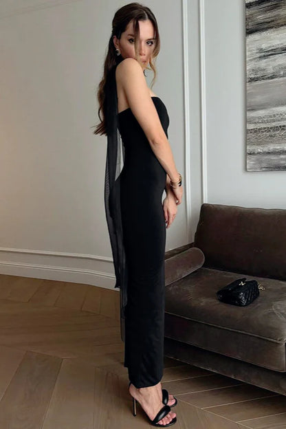 Sexy Sheath Strapless Black Satin Long Prom Dress Evening Dress SH7194