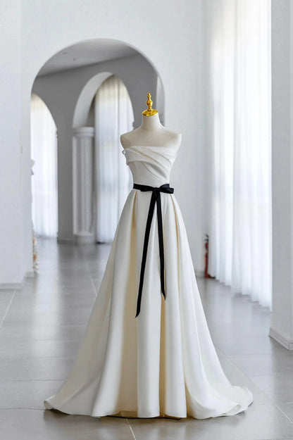 White A Line Strapless Sequins Satin Prom Dress Formal Evening Dress SH1635