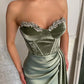 Sage Green Sheath Sweetheart Neck Beaded Velvet Satin Long Prom Dress Evening Dress SH6487
