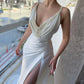 Chic Mermaid V Neck Pearl White Satin Long Prom Dress Evening Dress SH6488