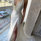 Chic Mermaid V Neck Pearl White Satin Long Prom Dress Evening Dress SH6488