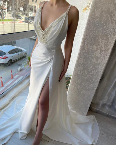 Chic Mermaid V Neck Pearl White Satin Long Prom Dress Evening Dress SH6488