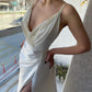 Chic Mermaid V Neck Pearl White Satin Long Prom Dress Evening Dress SH6488