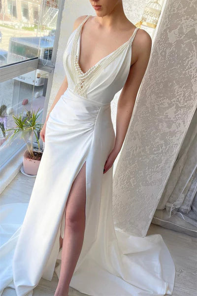 Chic Mermaid V Neck Pearl White Satin Long Prom Dress Evening Dress SH6488