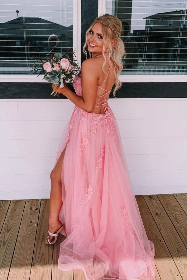 Princess Prom Dress Scoop Neck Spaghetti Straps Crisscross Pink Lace Tulle Slit SH8225
