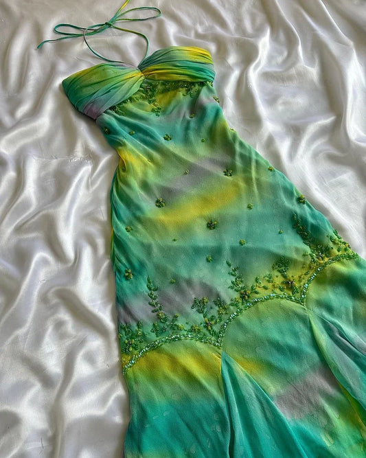 Colorful A Line Halter Beaded Chiffon Open Back Prom Dress Evening Dress SH2148