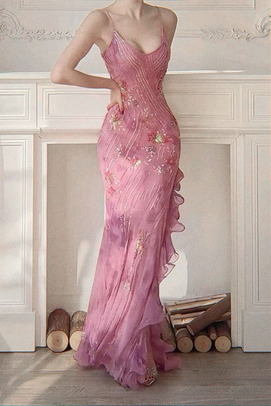 Retro Dreamy Mermaid Pink Print Floral Ruffle Chiffon Long Party Dress Evening Dress Date Dress SH3460