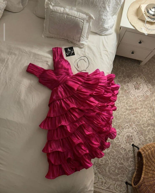 Hot Pink A Line V Neck Ruffles Satin Knee Length Homecoming Dresses Outfits SH3621