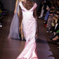 Pink Classy Mermaid Off the Shoulder Rhinestone Satin Long Prom Dress Evening Dress SH3452
