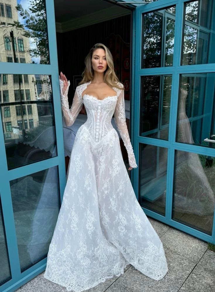 Modern A Line Long Sleeve White Corset Lace Long Wedding Dress SH7327