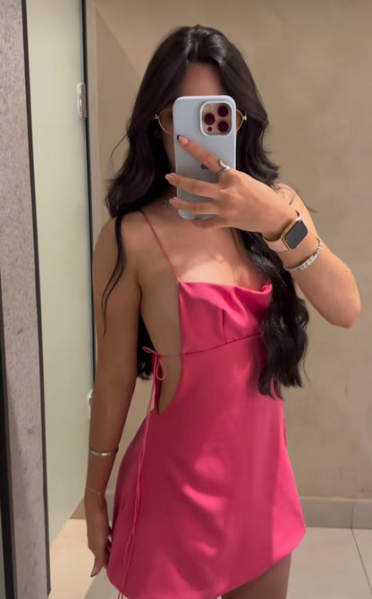 Hot Pink A Line Spaghetti Straps Sexy Satin Short Homecoming Dress Mini Dress SH8014