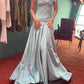 Retro Style A Line Off the Shoulder Blue Satin Long Party Dress Prom Dress SH2611