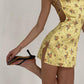 Backless Sexy A Line Spaghetti Print Floral Yellow Satin Short Homecoming Dress Mini Dress SH8016