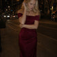 Chic Burgundy Sheath Off the Shoulder Satin Prom Dress Evening Dress SH7208