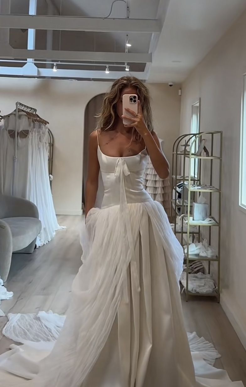 Ethereal A Line Spaghetti Strap White Tulle Satin Long Prom Dress Wedding Dress SH8453