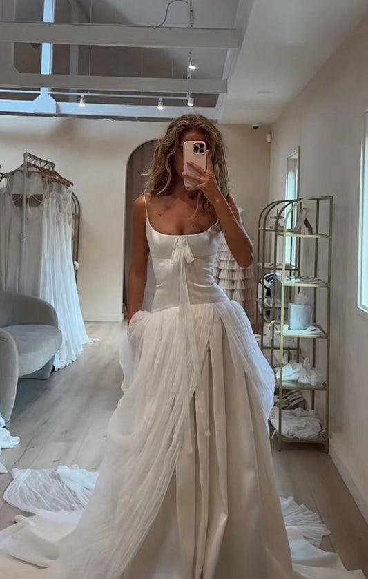Ethereal A Line Spaghetti Strap White Tulle Satin Long Prom Dress Wedding Dress SH8453