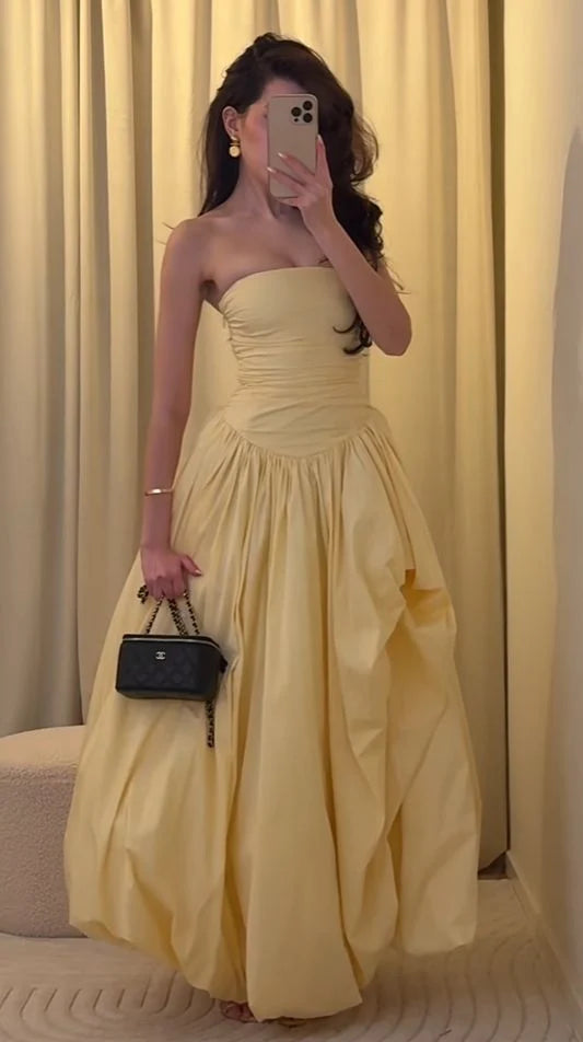 Cute Yellow A Line Strapless Satin Prom Dress Evening Dress SH9000