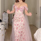 Pink Flowy Print Floral A Line Off the Shoulder Satin Tulle Party Dress Prom Dress SH3599
