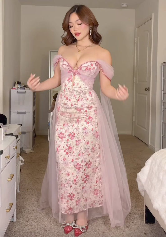 Cute Pink Print Floral A Line Satin Tulle Prom Dress 16th Birthday Dress Wedding Guest Dress SH4283