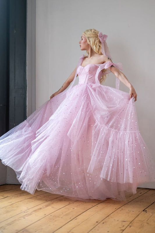 Star Sequin Pink A Line Straps Layered Tulle Date Dress Prom Dress Evening Dress SH3889