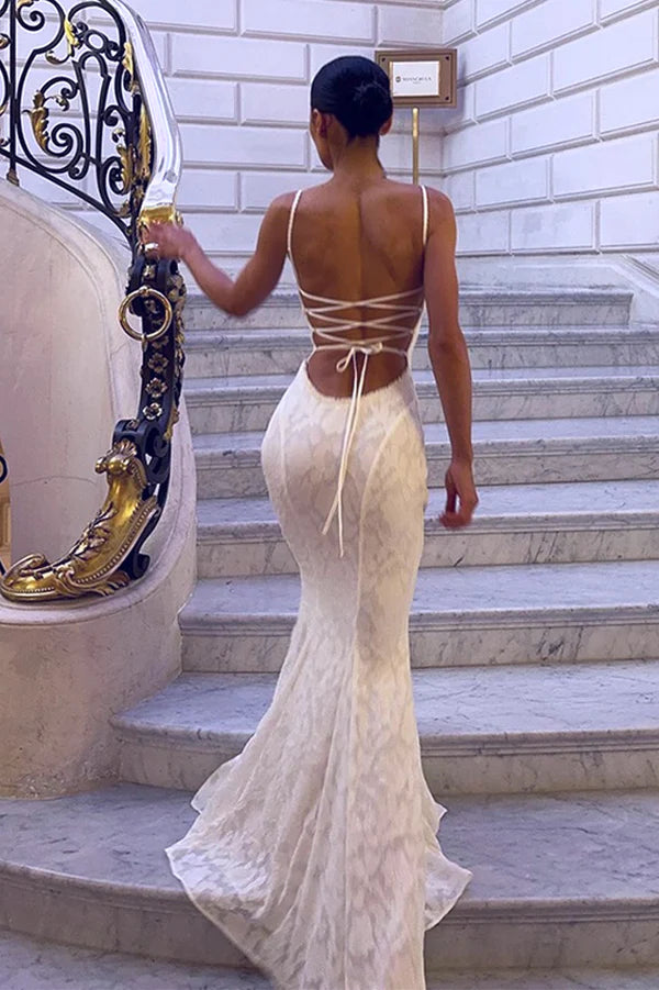 Elegant Ivory Mermaid Spaghetti Straps Lace Prom Dress Evening Dress SH5768