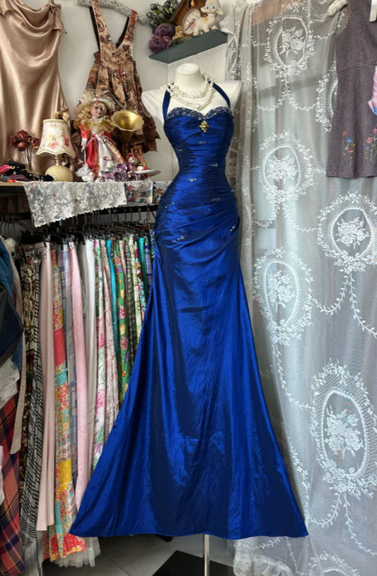 Vintage Halter Mermaid Long Prom Dresses Beaded Satin Blue Evening Dresses Birthday Dresses SH5041