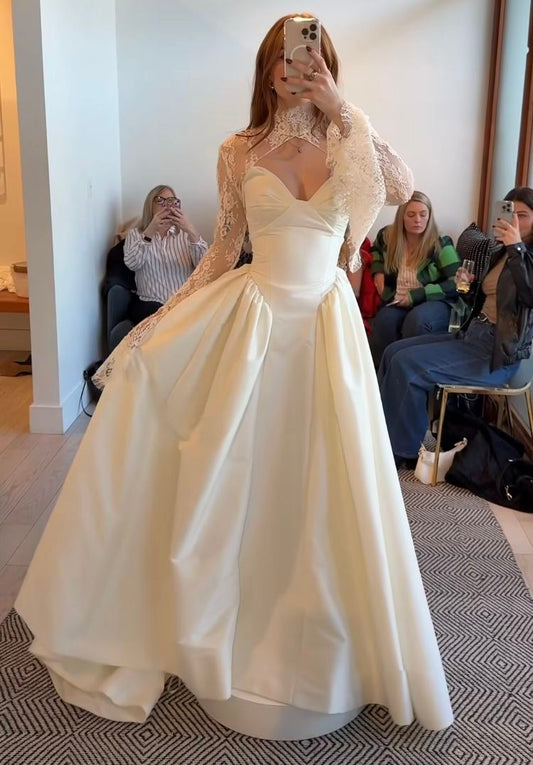 Pretty Ball Gown Sweetheart Neck White Satin Lace Long Wedding Dress SH7073