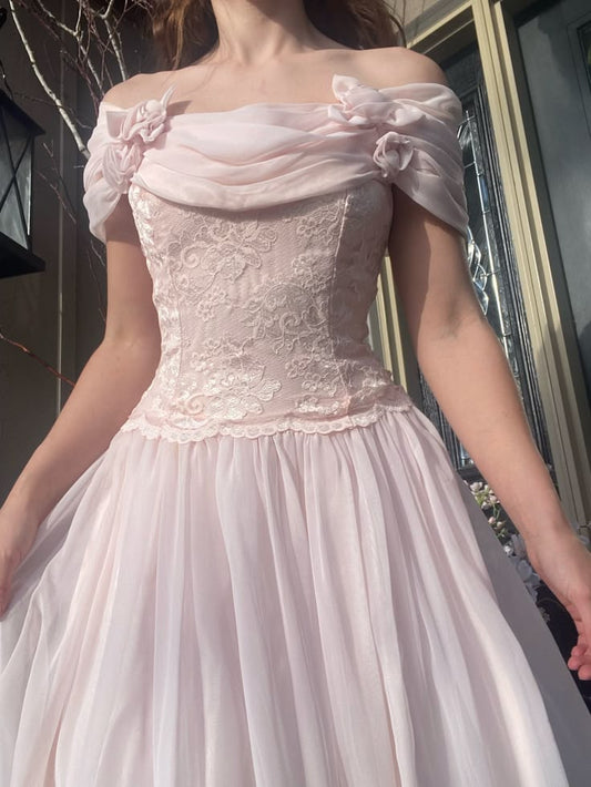 Retro Light Pink A Line Off the Shoulder Lace Chiffon Prom Dress Evening Dress SH5919