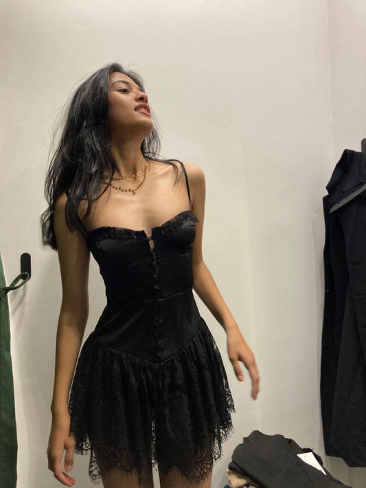 Sexy Black A Line Spaghetti Strap Lace Satin Homecoming Dress Outfits SH3980