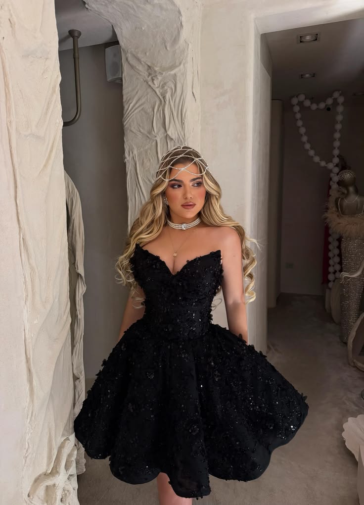 Black A Line Sweetheart Neck Sequin Beaded Tulle Short Prom Dress Homecoming Dress SH8943