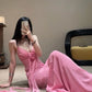 Pink Mermaid Spaghetti Strap Flowy Chiffon Long Prom Dress Evening Dress SH5751