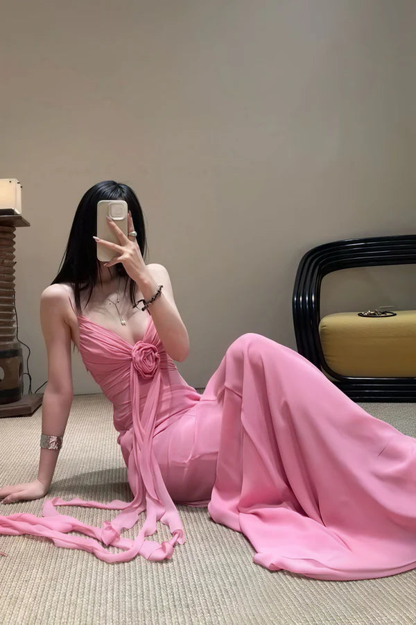 Pink Mermaid Spaghetti Strap Flowy Chiffon Long Prom Dress Evening Dress SH5751