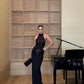 Elegant Black Sheath Halter Lace Satin Long Prom Dress Evening Dress SH7602