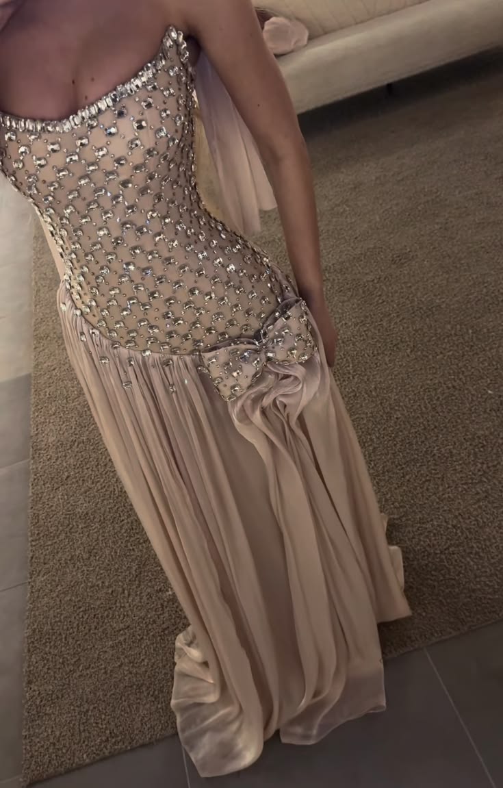 Champagne A Line Strapless Exquisite Rhinestone Satin Prom Dress Evening Dress SH8578