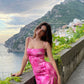 Pink Print Sheath Spaghetti Strap Satin Long Prom Dress Evening Dress SH7592