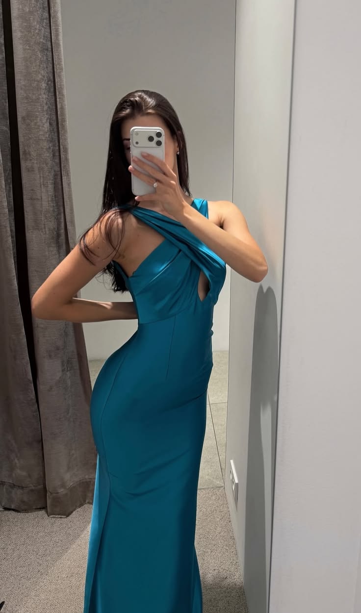 Peacock Blue Sheath Halter Satin Long Prom Dress Evening Dress SH7590