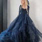 Star Sequin Navy Blue A Line Straps Layered Tulle Date Dress Prom Dress Evening Dress SH3888
