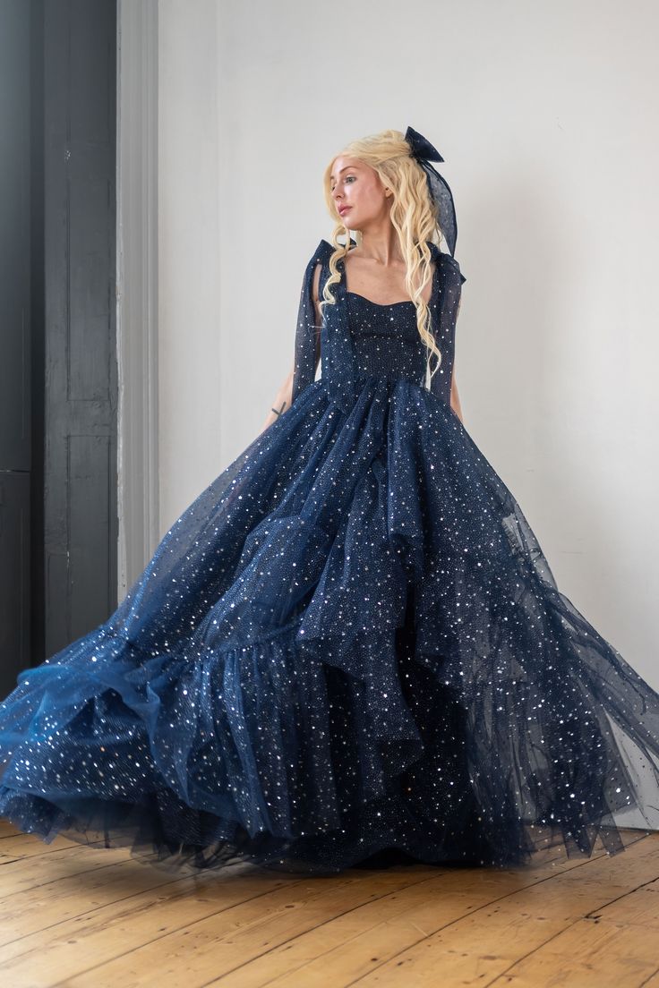 Star Sequin Navy Blue A Line Straps Layered Tulle Date Dress Prom Dress Evening Dress SH3888