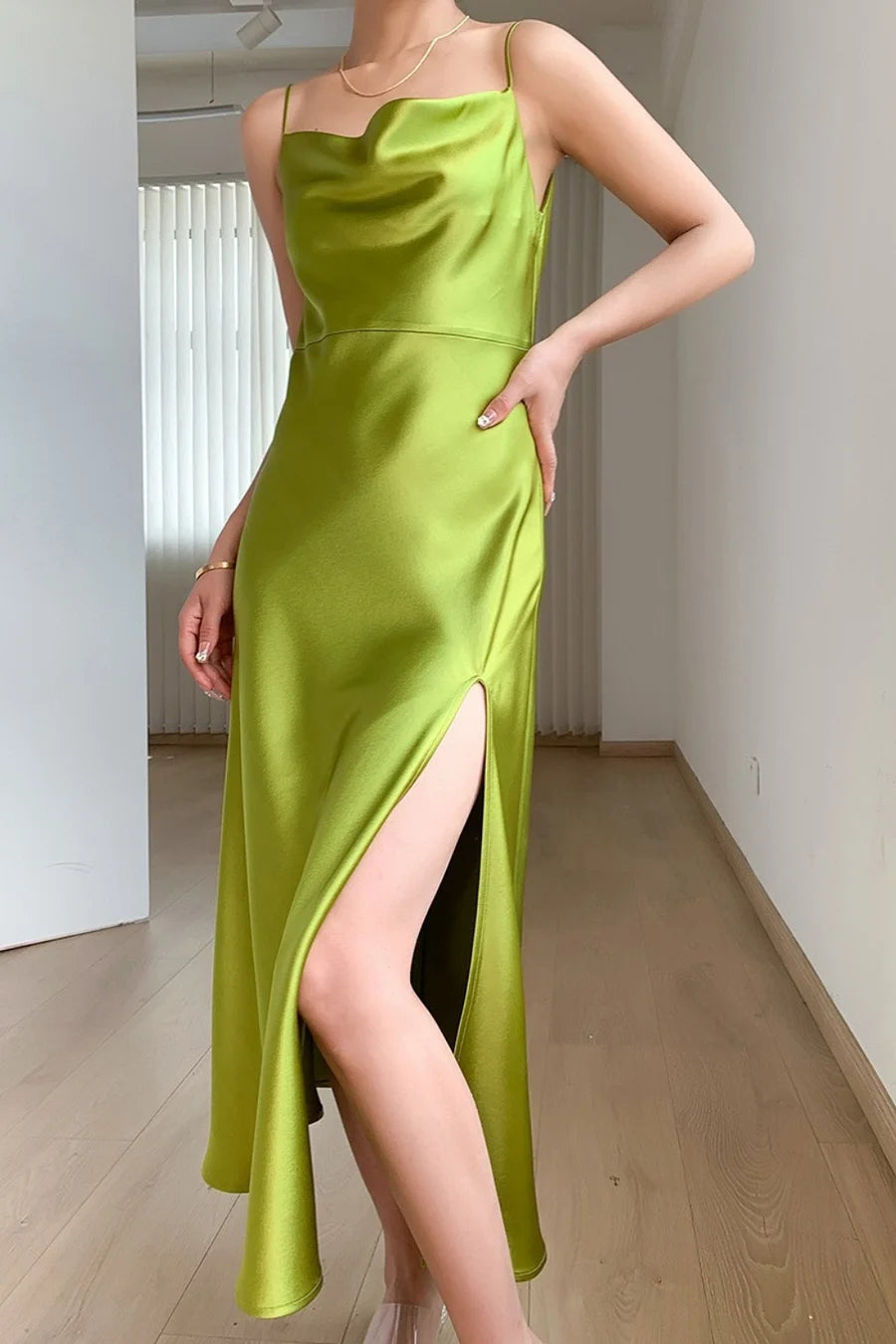 Simple Spaghetti Strap Satin Evening Dress With Slit SH1599