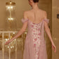 Pink Flowy Print Floral A Line Off the Shoulder Satin Tulle Party Dress Prom Dress SH3599
