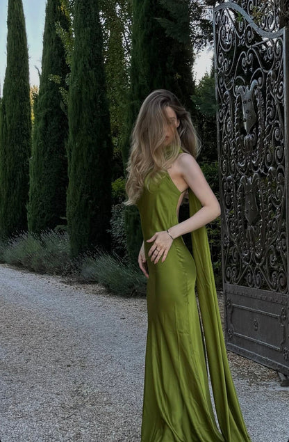 Elegant Green A Line One Shoulder Satin Long Prom Dress Evening Dress SH7020