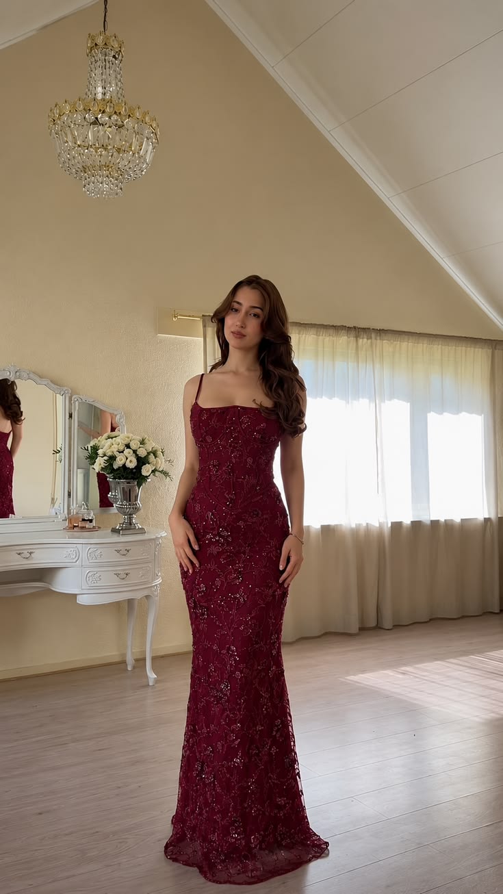 Burgundy Sheath Straps Beaded Sequin Tulle Long Prom Dress Evening Dress SH7045