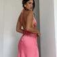 Pink A Line Halter Lace Satin Open Back Prom Dress Vacation Dress SH4491