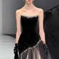 Stunning Mermaid Strapless Pearls Black Velvet Tulle Long Prom Dress Evening Dress SH7211