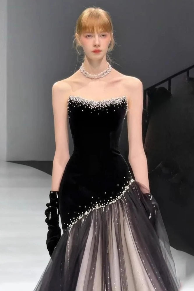 Stunning Mermaid Strapless Pearls Black Velvet Tulle Long Prom Dress Evening Dress SH7211